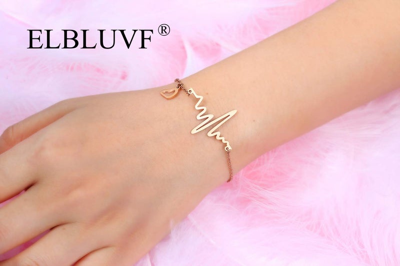 ELBLUVF Stainless Steel 18k Rose Gold Plated EKG Heartbeat Love Cardiogram Adjustable Bracelet Jewelry for Women 3 Colors (Rose gold) - Image 5